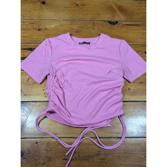 Zara Women's Medium Cropped T-Shirt Pink Ribbed Ruched Drawstring - Picture 5 of 6